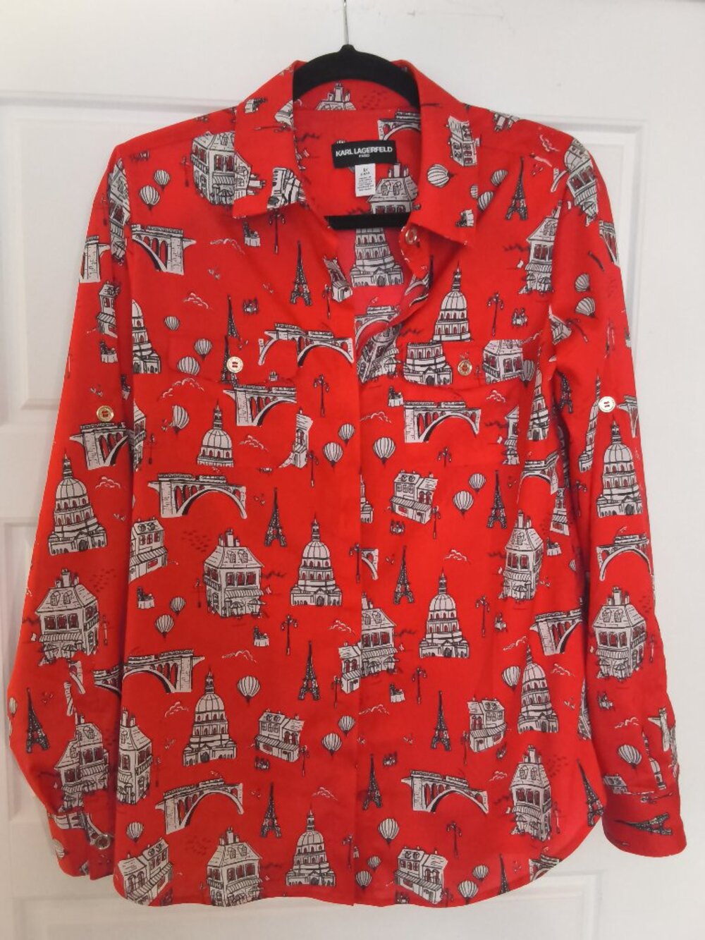 Karl Lagerfeld Paris Red Paris Print Blouse Eiffel Tower Button Front Shirt